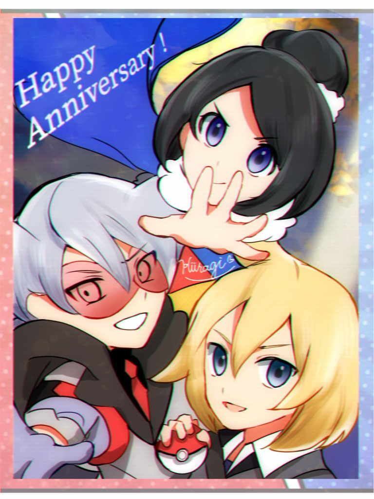 1girl, 2boys, anniversary, bettie_(pokemon), blonde_hair, blue_eyes, eyes_visible_through_eyewear, gloves, grey_eyes, grey_gloves, grey_hair, hiiragi_0404, holding, holding_poke_ball, lear_(pokemon), looking_at_viewer, multiple_boys, outstretched_arm, paulo_(pokemon), poke_ball, poke_ball_(basic), pokemon, pokemon_masters_ex, red-tinted_eyewear, signature, smile, tinted_eyewear