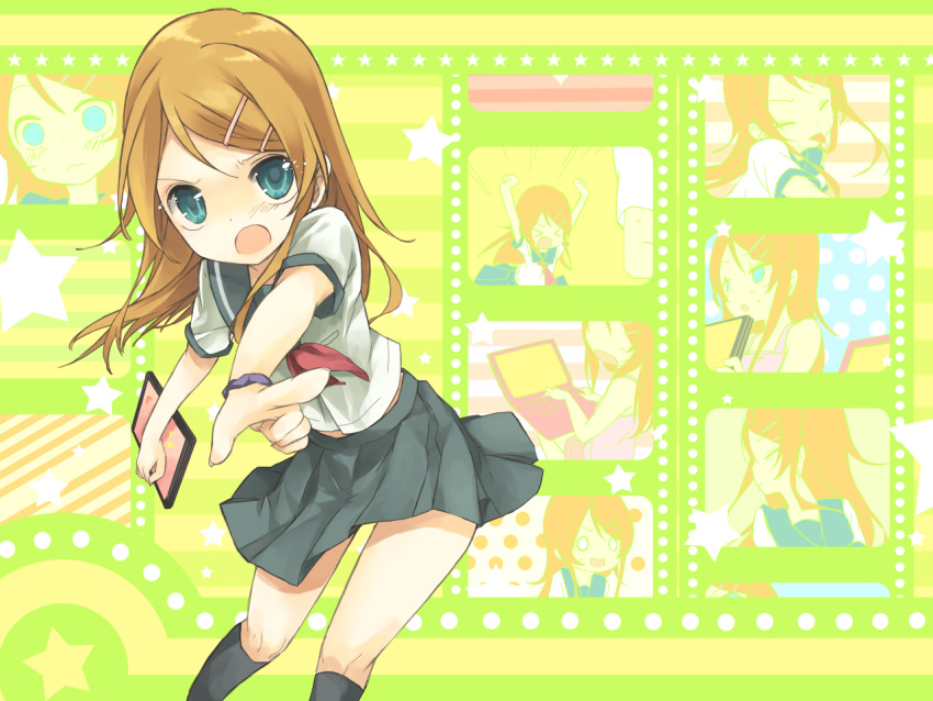 blue_eyes, book, brown_hair, foreshortening, hariko, kousaka_kirino, long_hair, ore_no_imouto_ga_konna_ni_kawaii_wake_ga_nai