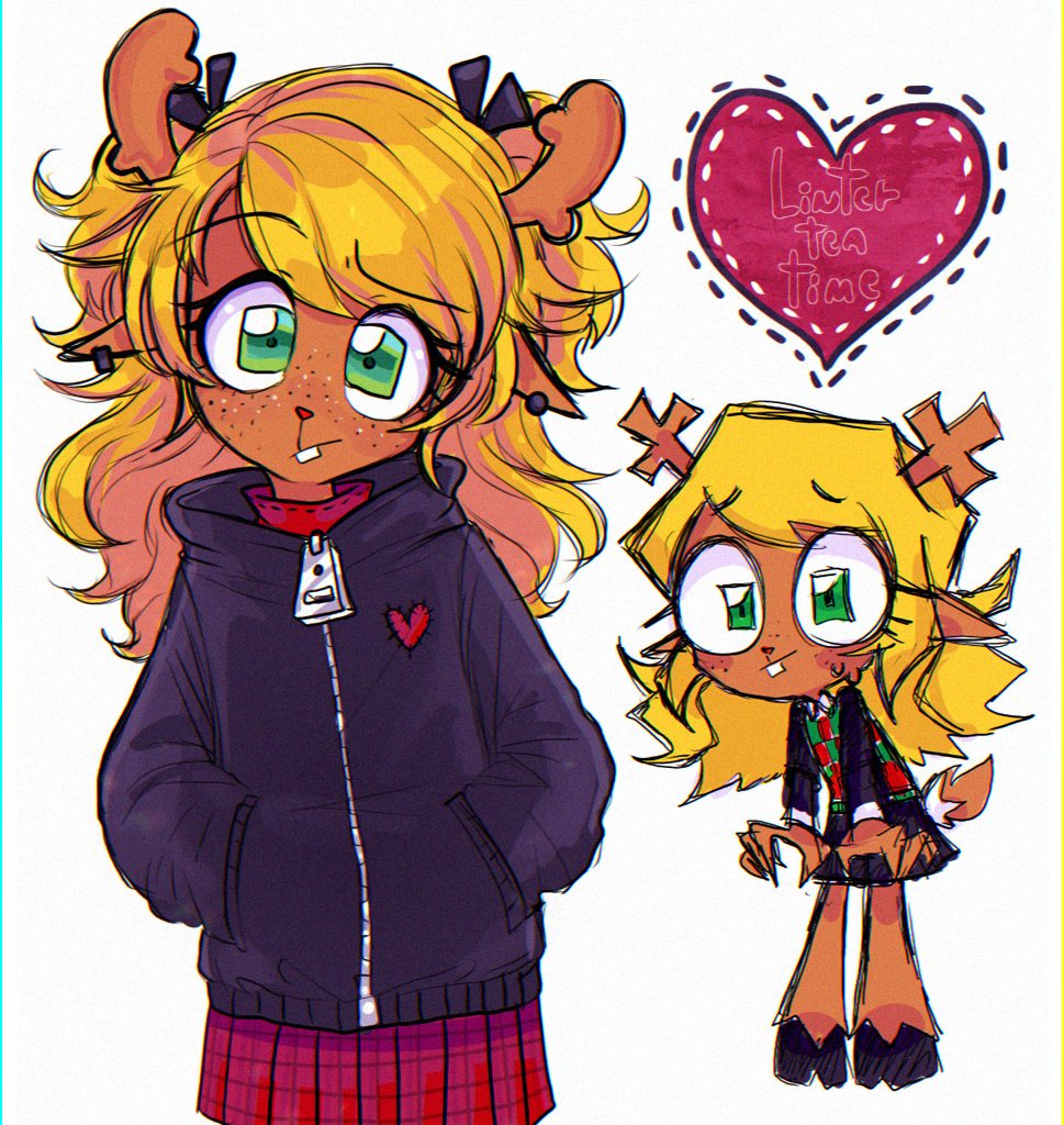 1girl, animal_ears, antlers, artist_name, blonde_hair, colored_skin, deer_ears, deer_girl, deltarune, furry, furry_female, heart, horns, linterteatime, long_hair, long_sleeves, looking_at_viewer, multiple_views, noelle_holiday, rectangular_eyes, smile, square_eyes