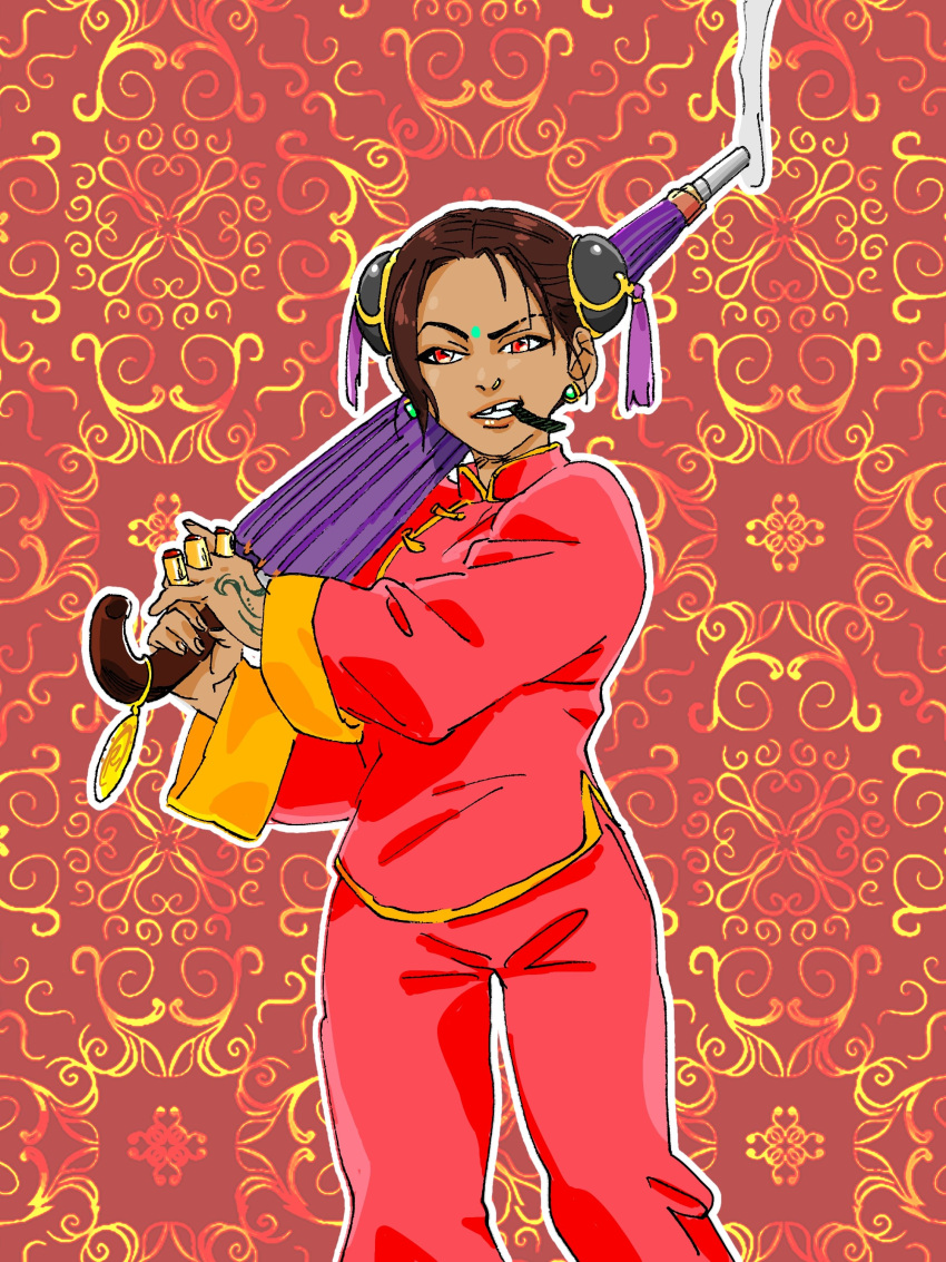1girl, absurdres, animification, apex_legends, brown_hair, chouson, cosplay, dark-skinned_female