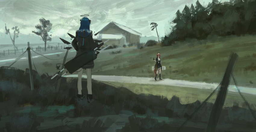 2girls, arknights, black_gloves, black_halo, black_jacket, black_skirt, blue_hair, commentary