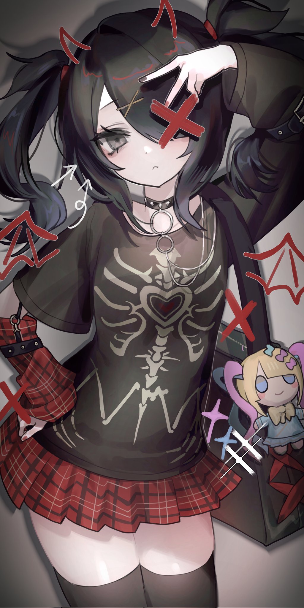1girl, ame-chan_(emo)_(needy_girl_overdose), ame-chan_(needy_girl_overdose), arm_up, arm_warmers, asymmetrical_sleeves, bag, black_bag, black_choker, black_hair, black_nails, black_shirt, black_thighhighs, blush, braised_cutlass, character_doll, charm_(object), choker, chouzetsusaikawa_tenshi-chan, closed_mouth, commentary_request, corrupted_twitter_file, cowboy_shot, drawn_horns, drawn_wings, drop_shadow, emo_fashion, frown, grey_background, grey_eyes, hair_ornament, hair_over_one_eye, hand_on_own_hip, highres, long_hair, long_sleeves, looking_at_viewer, nail_polish, needy_girl_overdose, official_alternate_costume, plaid_clothes, plaid_skirt, pleated_skirt, print_shirt, red_nails, red_skirt, revision, shadow, shirt, shoulder_bag, skirt, solo, standing, t-shirt, thigh-highs, twintails, v, x_hair_ornament, zettai_ryouiki