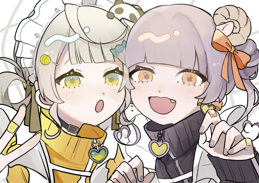 2girls, :o, apron, awadama_1225, bandaid, bandaid_on_hand, black_jacket, blush