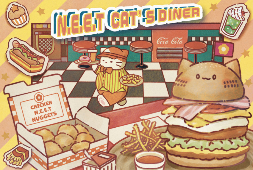 animal, animal-themed_food, animal_focus, bacon, bar_stool, bow, bowtie, burger