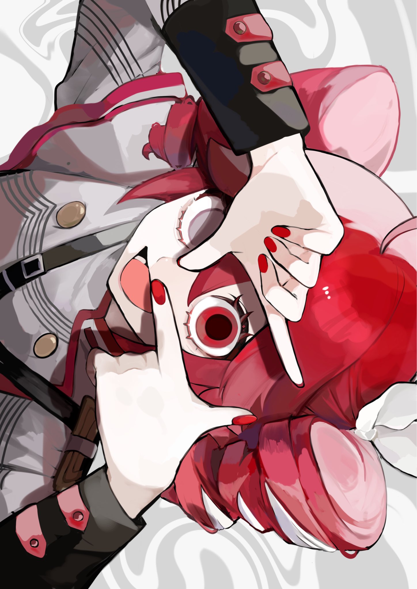 1girl, ahoge, awadama_1225, bow, drill_hair, finger_frame, finger_frame_over_eye, grey_eyes