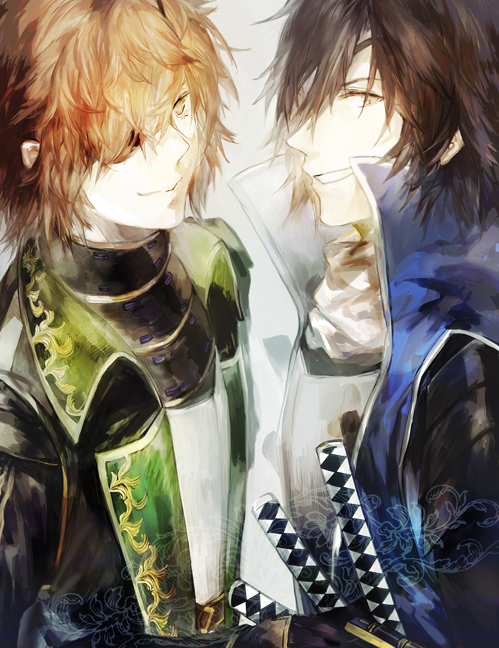 2boys, armor, brown_eyes, brown_hair, crossover, date_masamune_(sengoku_basara), date_masamune_(sengoku_musou), eyepatch