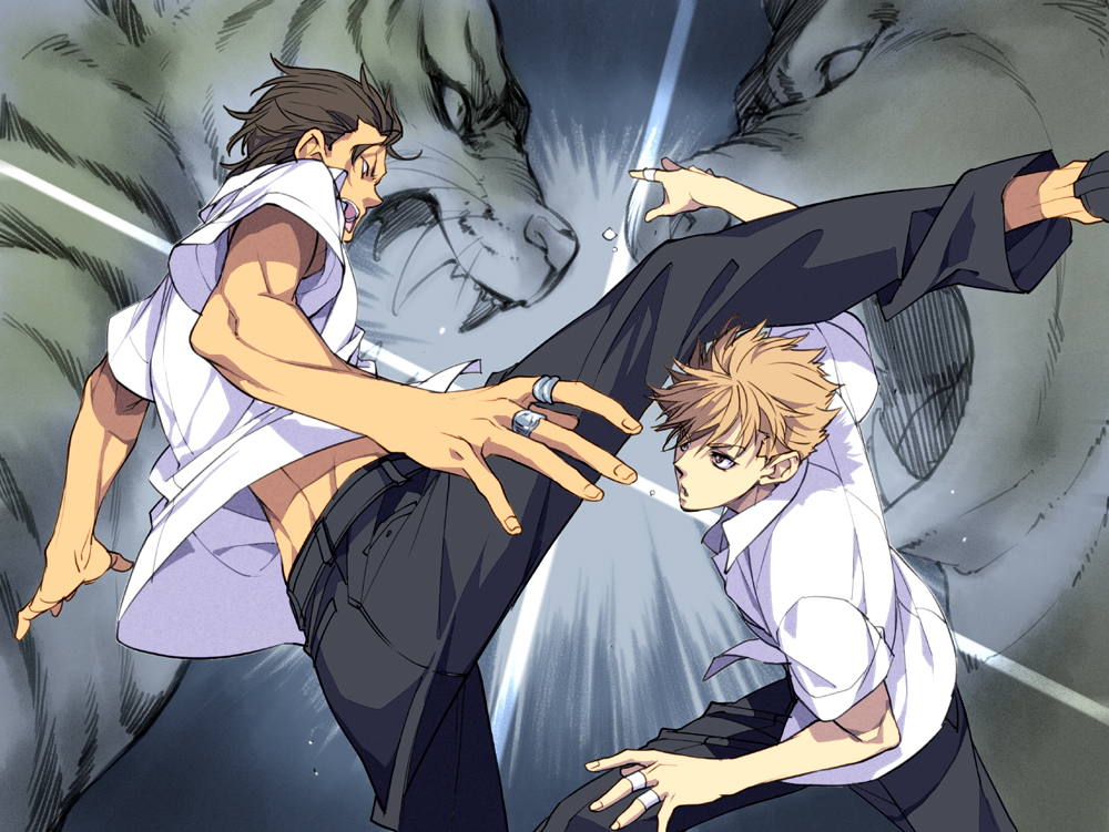 bandages, battle, bear, blonde_hair, boar, brown_hair, fujiyama_arashi, jewelry