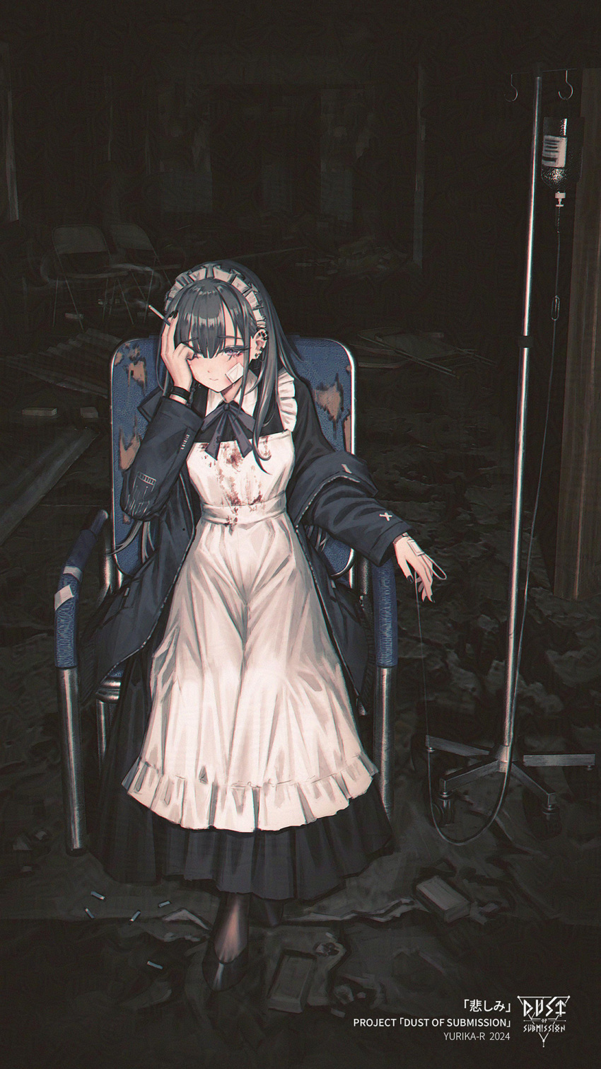 1girl, apron, artist_name, black_eyes, black_hair, black_jacket, black_ribbon, blood