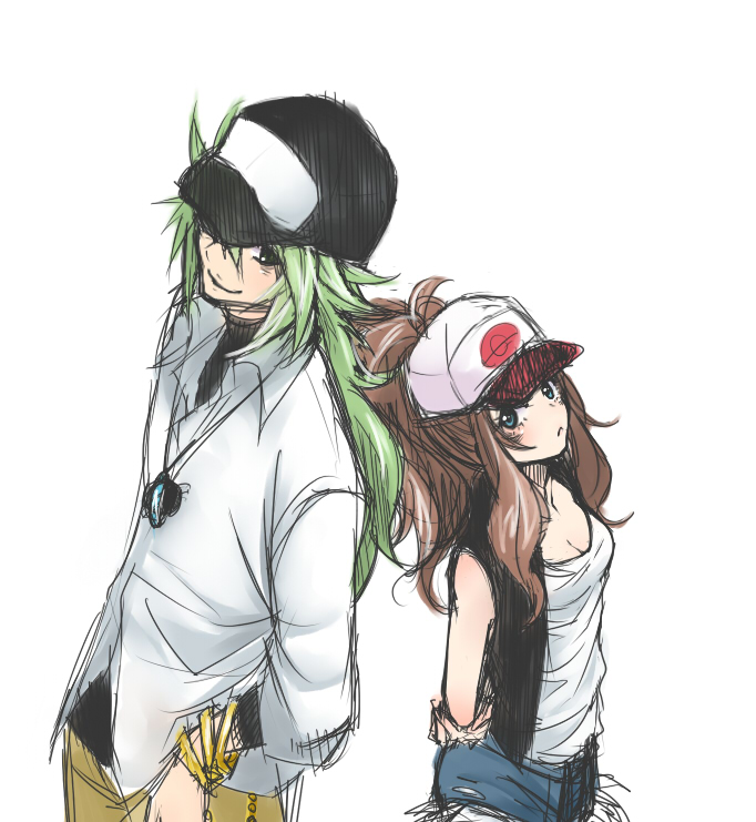 1girl, :<, baseball_cap, breasts, brown_hair, cleavage, couple, denim, denim_shorts, green_hair, hat, height_difference, long_hair, n_(pokemon), pokemon, pokemon_(game), pokemon_black_and_white, pokemon_bw, pout, samu., shorts, simple_background, size_difference, smile, touko_(pokemon), white_background