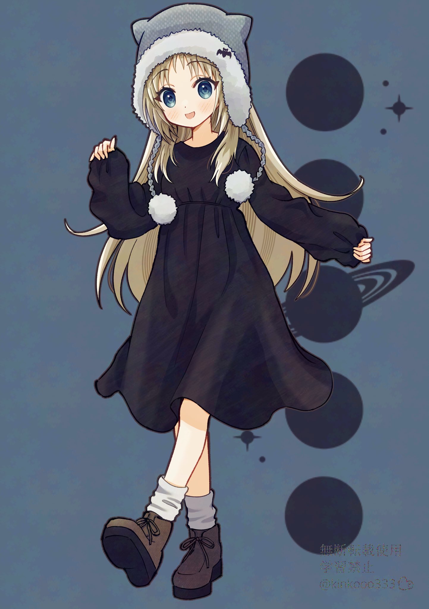 1girl, :d, alternate_costume, animal_ear_headwear, animal_ears, bat_hat_ornament, black_dress, blue_background, blue_eyes, blush, boots, brown_footwear, casual, cat_ears, commentary, cross-laced_footwear, dress, fake_animal_ears, full_body, hair_ornament, hand_up, happy, highres, light_brown_hair, little_busters!, long_hair, looking_at_viewer, noumi_kudryavka, open_mouth, piyo_(kinkooo333), pom_pom_(clothes), puffy_sleeves, sidelocks, simple_background, sleeves_past_wrists, smile, solo, standing, standing_on_one_leg, twitter_username