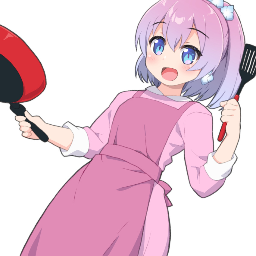 1girl, apron, bic_camera, blue_eyes, breasts, commentary_request, dress, dutch_angle