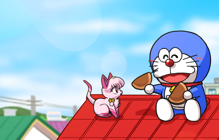 bell, blush, cat, day, doraemon, doraemon_(character), full_body, looking_at_another
