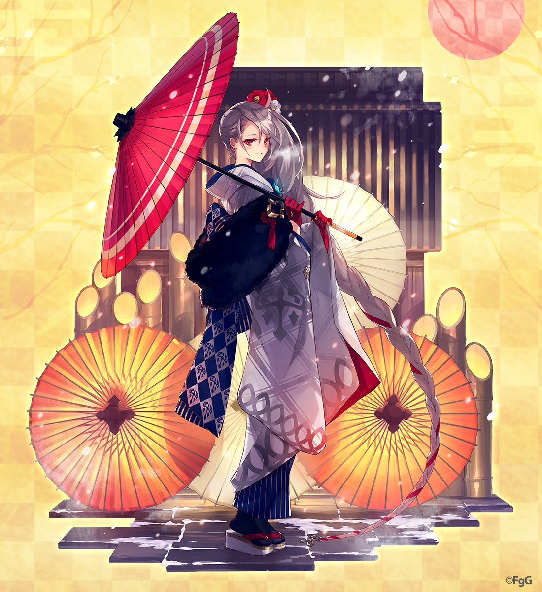 1girl, absurdly_long_hair, ancient_killers_(phantom_of_the_kill), braid, checkered_background, commentary_request, da-kuro, flower