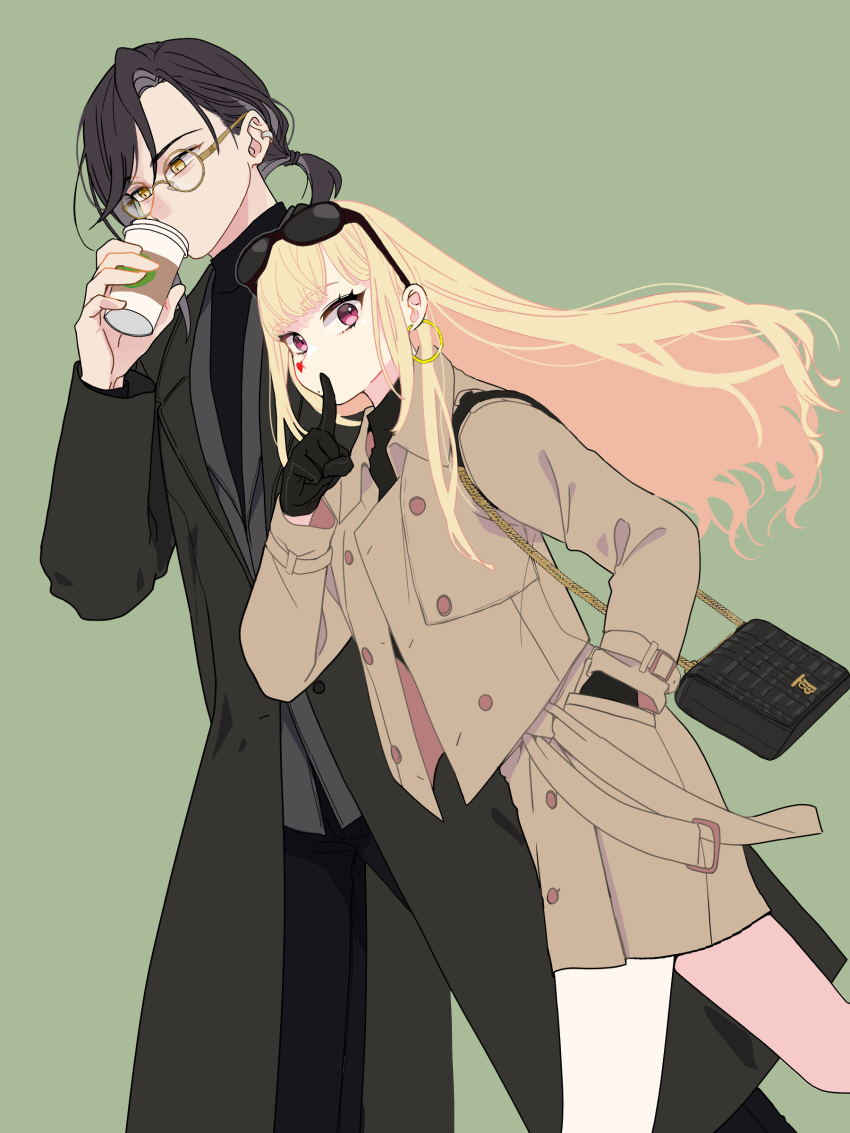 1boy, 1girl, absurdres, bag, black_coat, black_gloves, black_hair, black_shirt, blonde_hair, brown_jacket, brown_skirt, buttons, coat, commentary_request, cowboy_shot, crimson_reichenbach, cup, double-breasted, drinking, earrings, eyewear_on_head, facial_tattoo, finger_to_mouth, gloves, green_background, grey_jacket, hand_in_pocket, heart, heart_tattoo, highres, holding, holding_cup, hoop_earrings, jacket, jewelry, long_hair, low_ponytail, luis_cammy, mole, mole_under_mouth, nijisanji, otowe, pink_eyes, round_eyewear, shellin_burgundy, shirt, short_hair, short_ponytail, shoulder_bag, simple_background, skirt, stud_earrings, sunglasses, tattoo, virtual_youtuber, walking, yellow-framed_eyewear, yellow_eyes