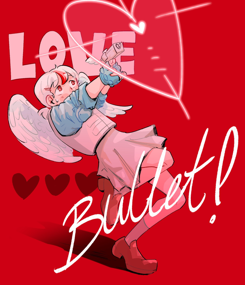 1girl, angel_wings, bella_(some_witty_user), blue_gloves, blue_shirt, bow, bulletproof_vest, copyright_name, cupid, feathered_wings, fingerless_gloves, gloves, gun, hair_ornament, hairclip, heart, highres, holding, holding_gun, holding_weapon, knee_pads, koharu_(love-bullet), long_sleeves, love-bullet, medium_hair, multicolored_hair, red_background, red_eyes, red_footwear, redhead, shirt, short_twintails, streaked_hair, twintails, weapon, white_shirt, wings