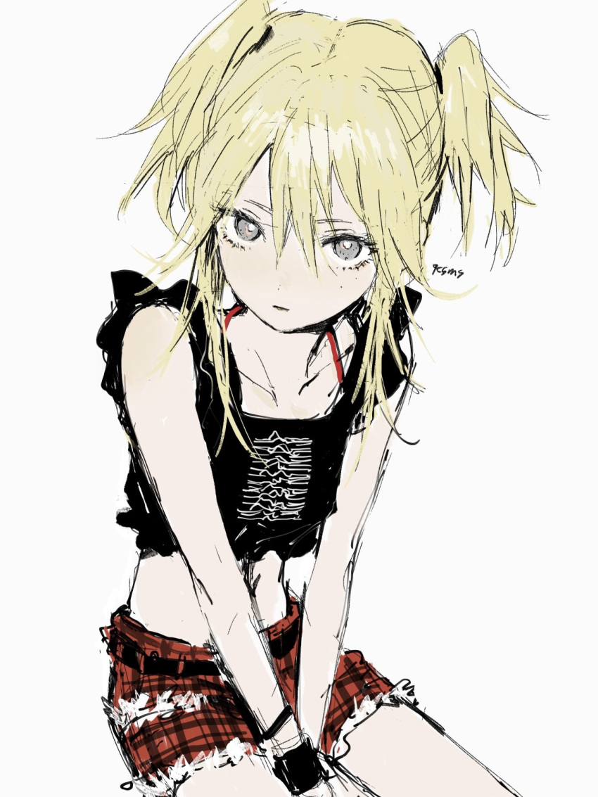 1girl, artist_name, between_legs, black_shirt, blonde_hair, crop_top, cropped_legs, grey_eyes, hair_between_eyes, hand_between_legs, highres, joy_division_(band), medium_hair, midriff, original, plaid_clothes, plaid_shorts, print_shirt, red_shorts, shirt, shorts, simple_background, sitting, sketch, solo, teyuruun, two_side_up, white_background