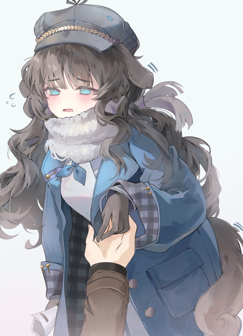 2girls, absurdres, animal_ears, blue_coat, blue_eyes, blue_neckerchief, brown_gloves, brown_hair