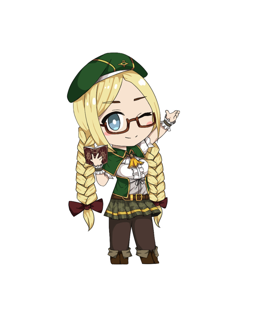 1girl, arines_(brown_dust), arm_up, belt, beret, blonde_hair, blue_eyes, blush_stickers