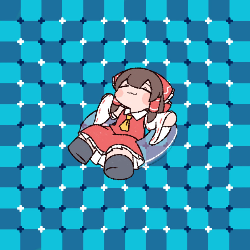 1girl, :3, aqua_background, ascot, black_footwear, blush_stickers, bow, checkered_background, closed_eyes, closed_mouth, deformed, detached_sleeves, dress, frilled_bow, frilled_dress, frills, hair_bow, hakurei_reimu, highres, lying, on_back, primrose_field_illusion, red_bow, red_dress, ribbon-trimmed_sleeves, ribbon_trim, smile, solo, swim_ring, touhou, white_sleeves, y75zei, yellow_ascot