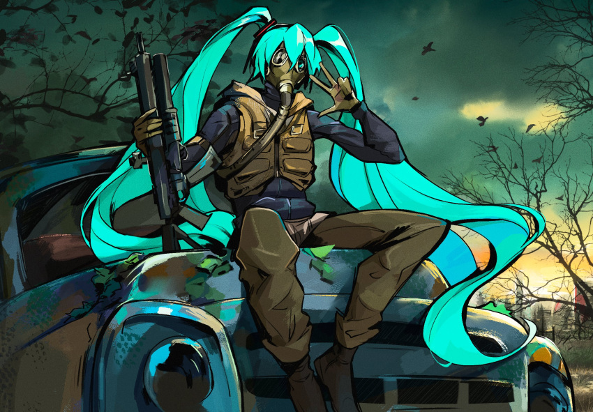 1girl, bird, blue_hair, boots, clouds, cloudy_sky, gas_mask, gloves