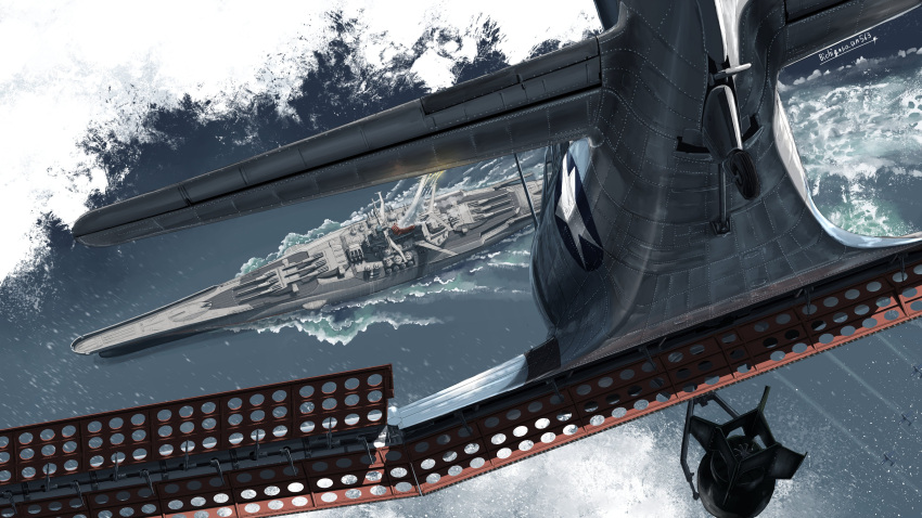 absurdres, aircraft, airplane, artist_name, battle_of_midway, battleship, bichiguso_un563, bomb, commentary, dive_bomber, explosive, from_behind, highres, historical_event, military_vehicle, no_humans, ocean, propeller, sbd_dauntless, ship, signature, torpedo_bomber, united_states_navy, wake_(wave), warship, watercraft, world_war_ii