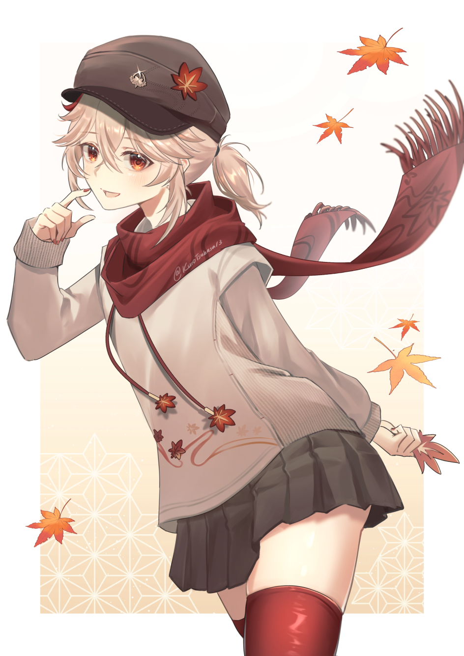 1girl, autumn_leaves, black_hat, black_skirt, blush, commentary, genderswap, genderswap_(mtf)
