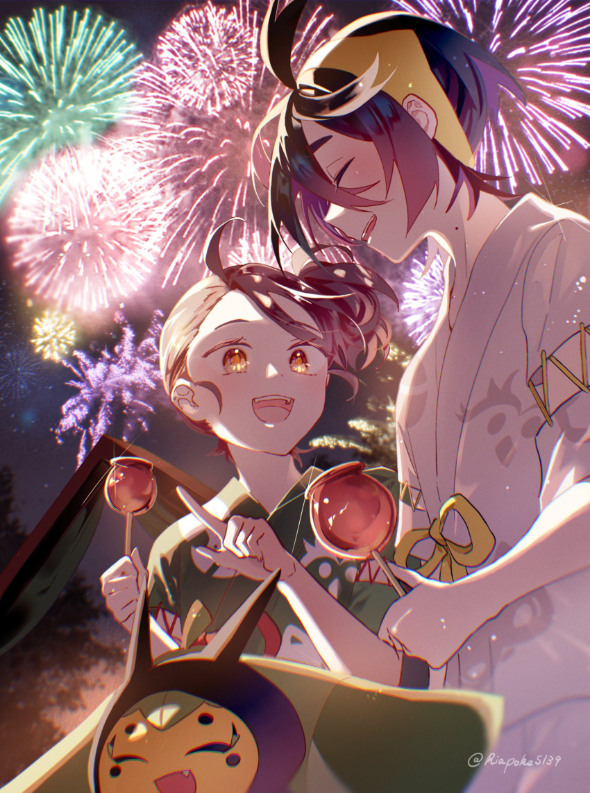 1boy, 1girl, black_hair, blush, brown_hair, candy_apple, closed_eyes, commentary_request