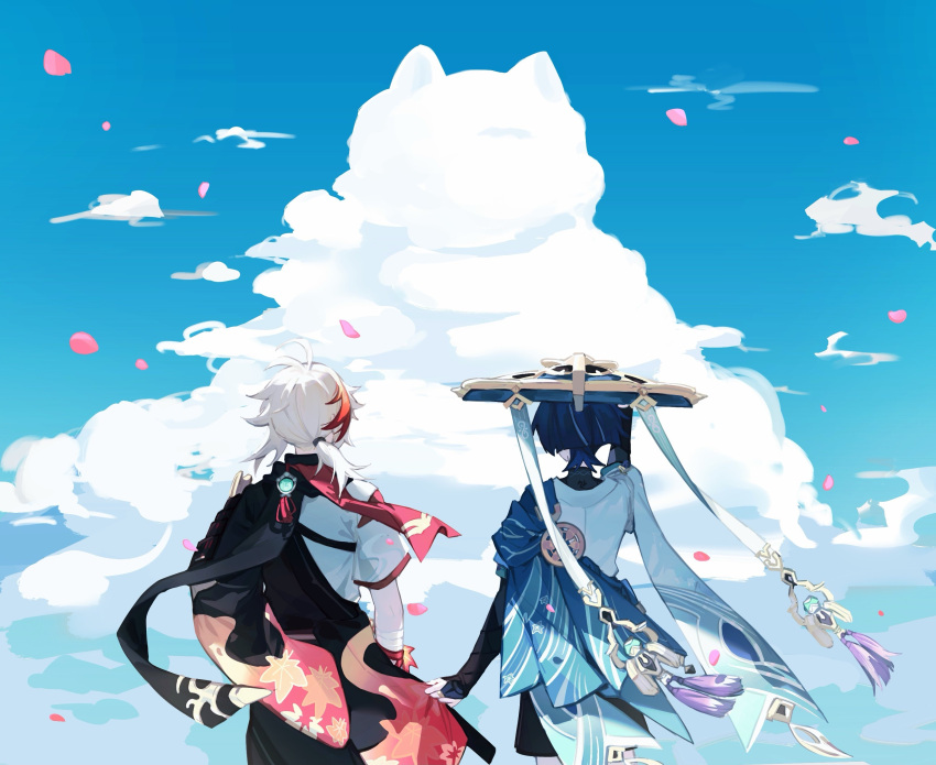 absurdres, armor, bandaged_arm, bandages, black_hair, cherry_blossoms, clothes_tug, clouds, day, from_behind, genshin_impact, hat, highres, japanese_armor, japanese_clothes, jingasa, kaedehara_kazuha, kote, kurokote, leaf_print, multicolored_hair, outdoors, petals, ponytail, redhead, scaramouche_(genshin_impact), shaped_cloud, sky, streaked_hair, tassel, vision_(genshin_impact), wanderer_(genshin_impact), white_hair, yue18yi