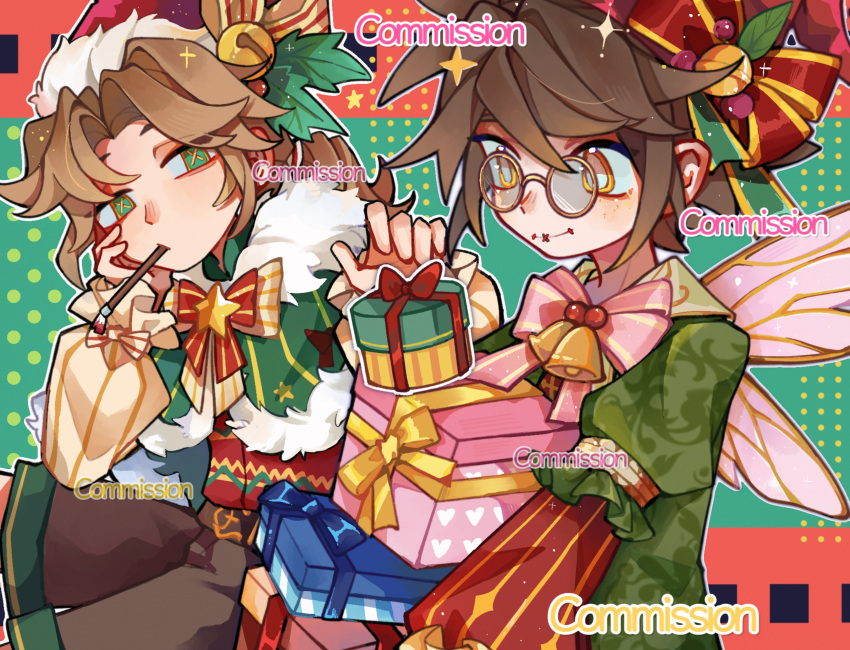2boys, absurdres, bell, bow, bowtie, box, bright_pupils, brown_hair, brown_shorts, capelet, christmas, commission, drill_hair, drill_ponytail, edgar_valden, edgar_valden_(cozy_christmas_eve), fairy_wings, frilled_sleeves, frills, fur-trimmed_capelet, fur-trimmed_headwear, fur_trim, gift, gift_box, glasses, green_background, green_capelet, green_eyes, green_shirt, hair_bow, hand_on_own_cheek, hand_on_own_face, hand_up, hat, head_tilt, highres, holding, holding_gift, identity_v, jingle_bell, layered_sleeves, long_hair, long_sleeves, looking_at_another, looking_at_object, male_focus, mouth_hold, multiple_boys, neck_bell, outline, paintbrush, parted_bangs, pink_bow, pink_wings, ponytail, puffy_sleeves, red_bow, red_hat, red_sleeves, red_sweater, round_eyewear, santa_hat, shirt, short_hair, shorts, simple_background, smile, stitched_mouth, stitches, striped_bow, sweater, symbol-shaped_pupils, victor_grantz, victor_grantz_(christmas_messenger), watermark, white_outline, white_pupils, wings, x-shaped_pupils, xkong, yellow-framed_eyewear, yellow_eyes, yellow_pupils