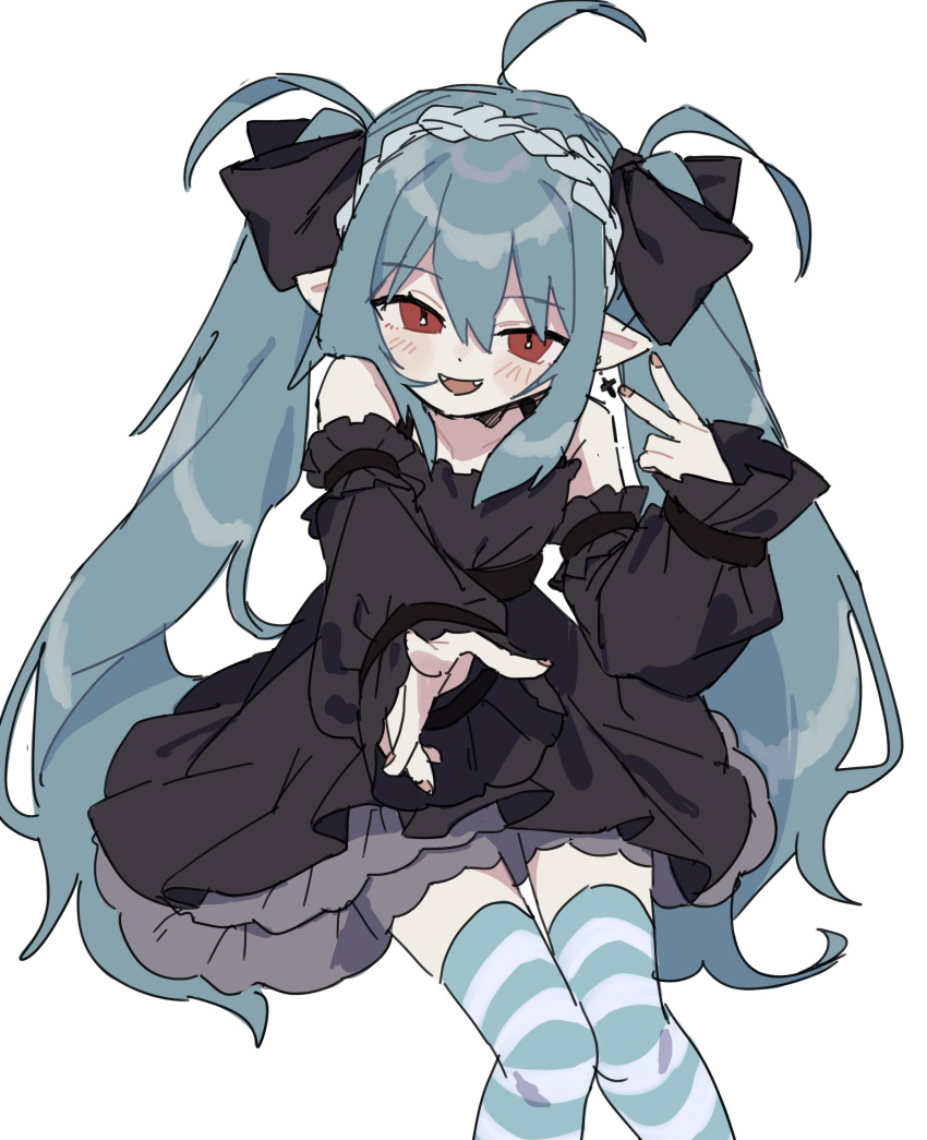 1girl, absurdres, ahoge, aqua_hair, aqua_thighhighs, bare_shoulders, black_bow, black_dress