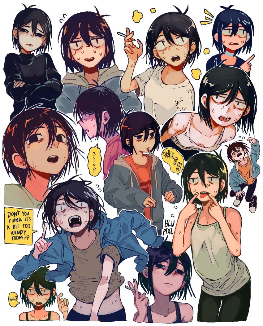 1girl, absurdres, black_eyes, black_hair, black_pants, black_sweater, blupixl, cigarette