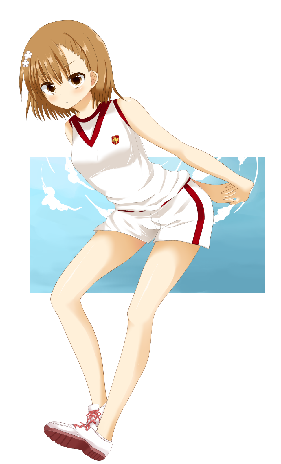 gym_uniform, hair_ornament, hairpin, highres, kazahana_riku, misaka_mikoto, no_socks, short_hair, to_aru_kagaku_no_railgun, to_aru_majutsu_no_index