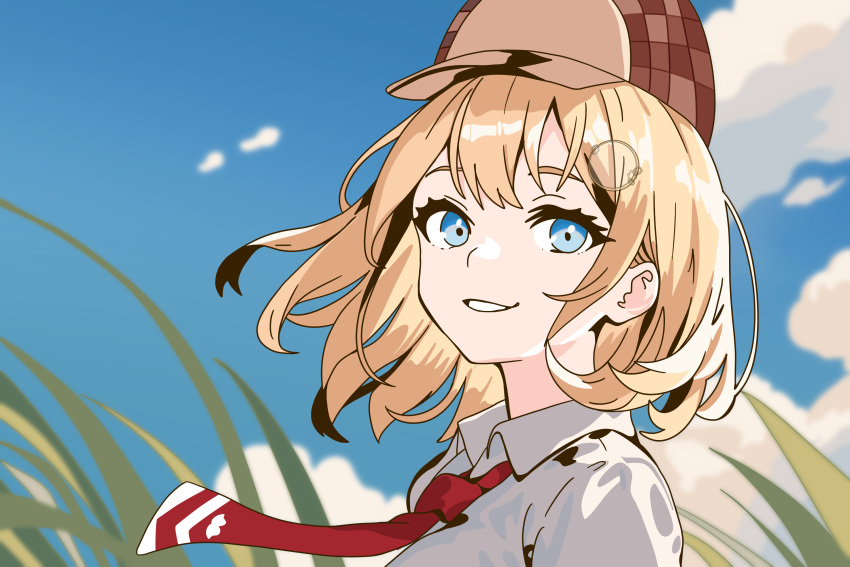 1girl, blue_eyes, blue_sky, brown_hat, clouds, commentary, deerstalker, english_commentary