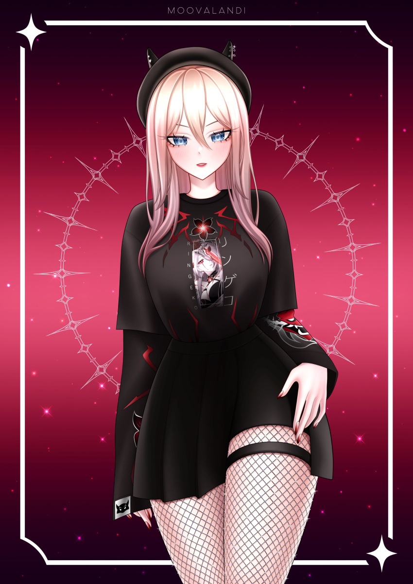 absurdres, artist_name, beret, black_hoodie, black_skirt, blonde_hair, blue_eyes, hat