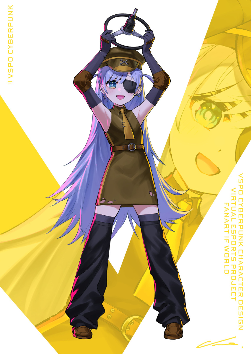 1girl, :d, absurdres, alternate_costume, armpits, arms_up, belt, black_gloves
