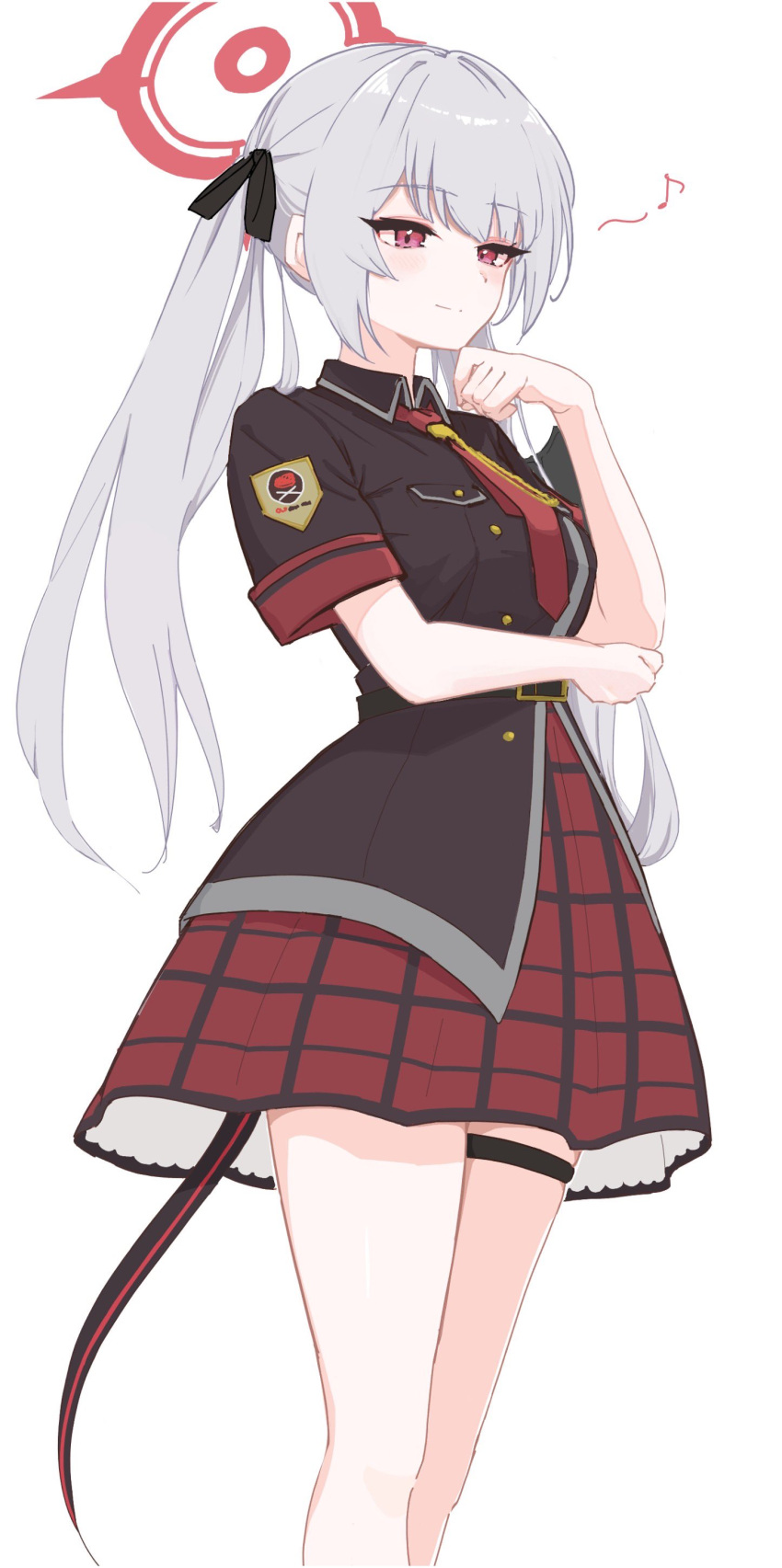 1girl, absurdres, blue_archive, cosplay, exiadoon, grey_hair, halo, haruna_(blue_archive), highres, junko_(blue_archive), junko_(blue_archive)_(cosplay), long_hair, musical_note, necktie, red_eyes, red_halo, red_skirt, shirt, skirt, solo, spoken_musical_note, tail, thigh_strap, twintails
