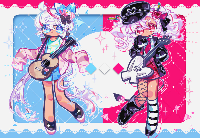 2girls, :<, :3, ahoge, asymmetrical_footwear, asymmetrical_legwear, black_bow, black_footwear