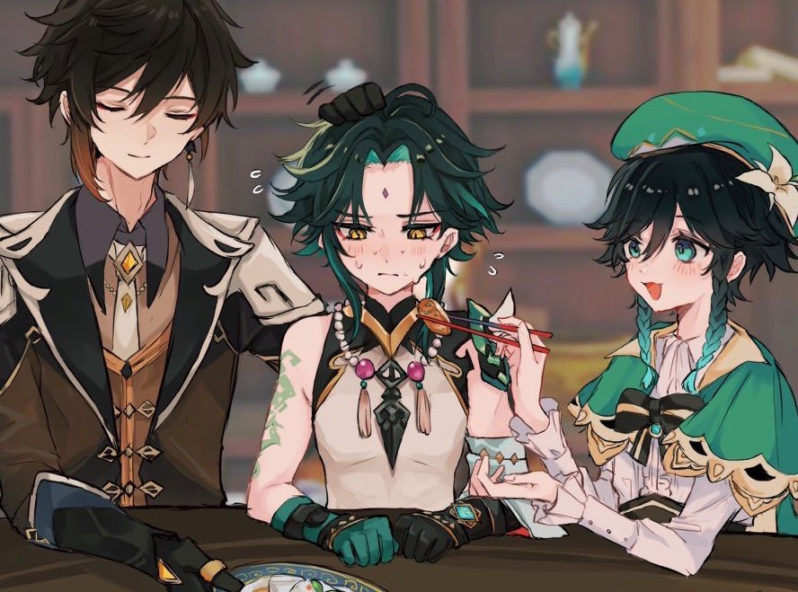 3boys, :d, almond_tofu_(genshin_impact), aqua_eyes, aqua_hair, arm_tattoo, asymmetrical_gloves, bead_necklace, beads, beret, black_bow, black_bowtie, black_gloves, black_hair, blurry, blurry_background, blush, bow, bowtie, braid, brown_hair, brown_jacket, brown_shirt, brown_vest, buttons, cape, center_frills, chopsticks, closed_eyes, closed_mouth, collared_shirt, colored_inner_hair, commentary_request, detached_sleeves, earrings, eyeliner, facial_mark, flower, flying_sweatdrops, food, forehead_mark, frilled_sleeves, frills, game_screenshot_background, genshin_impact, gloves, gradient_hair, green_cape, green_gloves, green_hair, green_hat, hair_between_eyes, hand_on_another's_head, hands_up, hat, hat_flower, holding, holding_chopsticks, holding_plate, indoors, jacket, jewelry, lapels, long_sleeves, looking_at_another, looking_down, makeup, male_focus, medium_hair, mismatched_gloves, multicolored_hair, multiple_boys, necklace, necktie, nene_chiru, open_clothes, open_jacket, open_mouth, parted_bangs, plate, red_eyeliner, ring, screenshot_background, shelf, shirt, shoulder_spikes, side_braids, sidelocks, single_detached_sleeve, single_earring, sleeve_cuffs, sleeveless, sleeveless_shirt, smile, spikes, streaked_hair, sweat, table, tassel, tassel_earrings, tattoo, teapot, thumb_ring, tofu, twin_braids, two-sided_cape, two-sided_fabric, u_u, upper_body, venti_(genshin_impact), vest, vision_(genshin_impact), white_flower, white_necktie, white_shirt, wide_sleeves, wing_collar, xiao_(genshin_impact), yellow_eyes, zhongli_(genshin_impact)