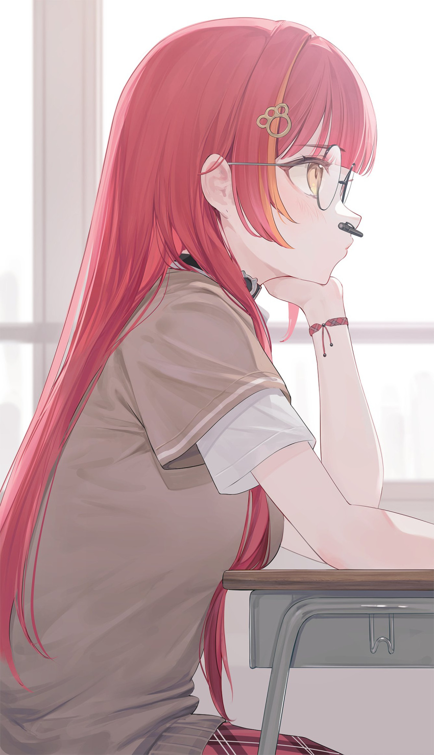 1girl, black_choker, bracelet, breast_rest, breasts, breasts_on_table, brown_sweater, choker, elbows_on_table, glasses, hair_ornament, hairpin, hand_on_table, highres, jewelry, long_hair, medium_breasts, nakashima_(pluscolor), nekota_tsuna, nekota_tsuna_(4th_costume), pencil_as_mustache, plaid_clothes, plaid_skirt, red_skirt, redhead, round_eyewear, school_uniform, shirt, short-sleeved_sweater, short_sleeves, sidelocks, sitting, skirt, solo, sweater, table, virtual_youtuber, vspo!, white_shirt, yellow_eyes