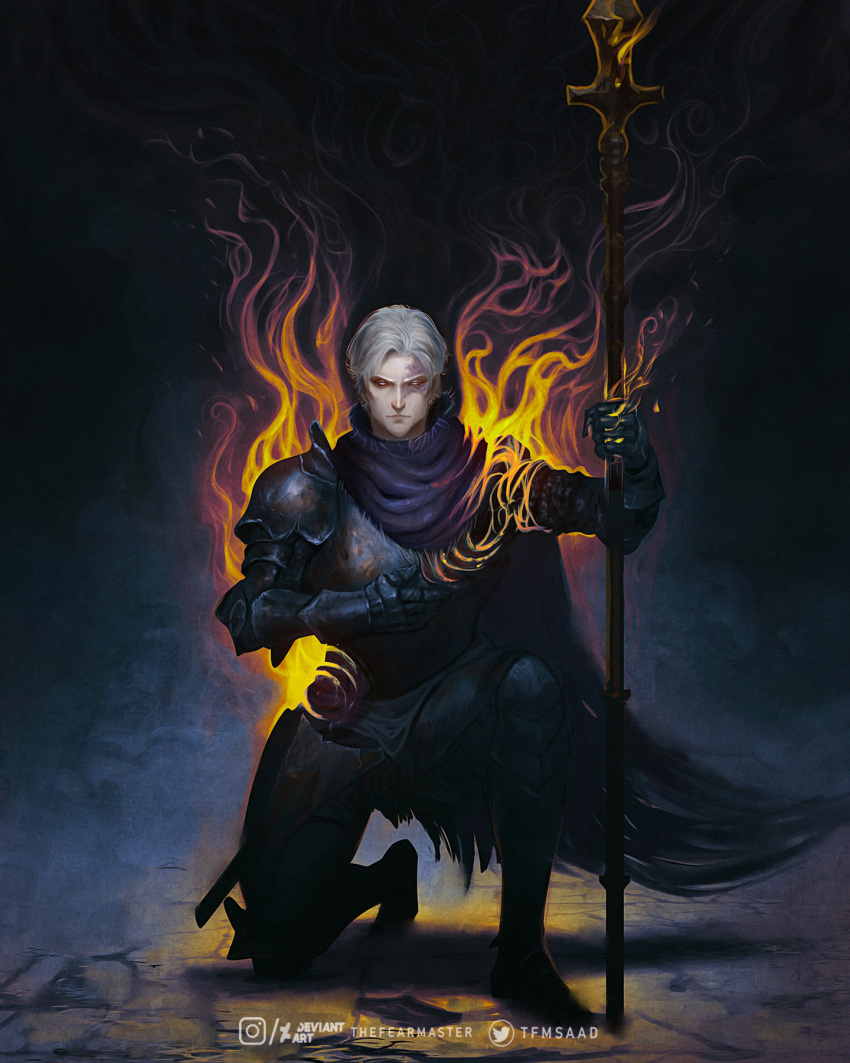 1boy, armet, armor, artist_name, blue_eyes, burning, cape, colored_sclera