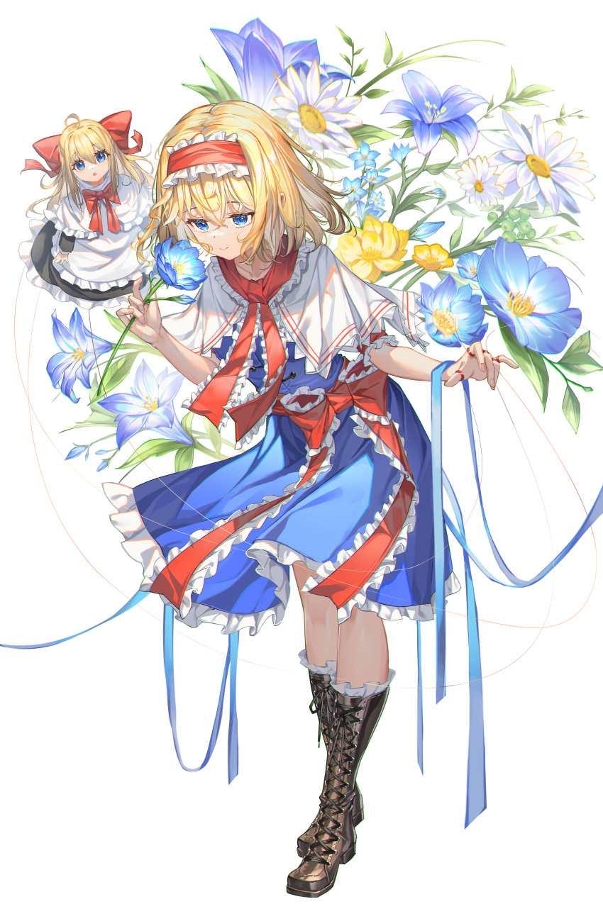2girls, :o, absurdres, al_guang, alice_margatroid, black_skirt, blonde_hair, blue_dress