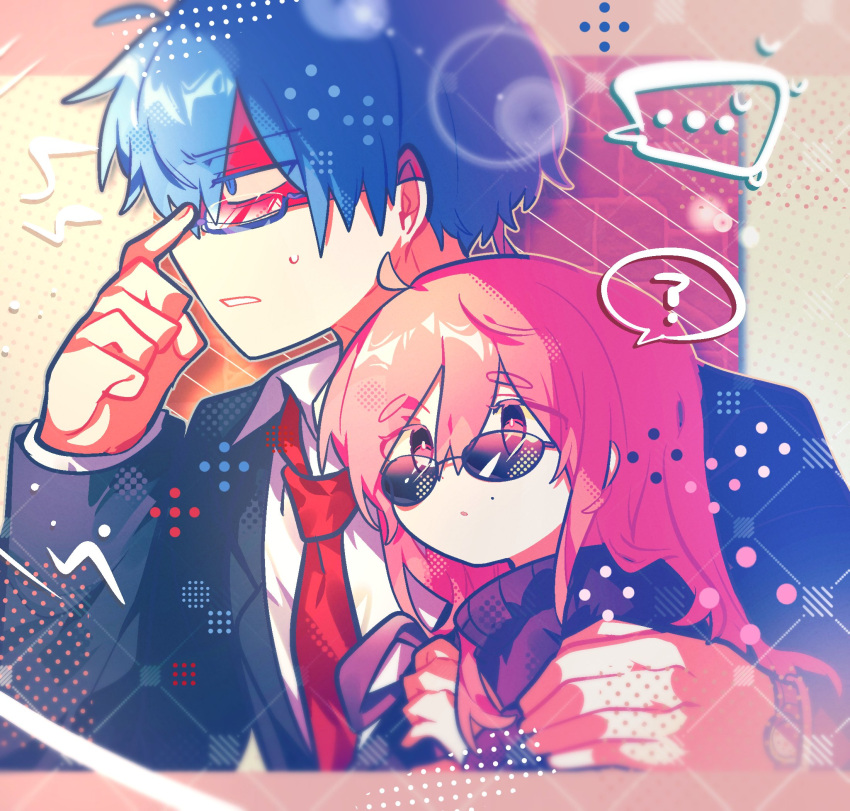 ..., 1boy, 1girl, ?, adjusting_eyewear, ahoge, black-framed_eyewear, black_jacket, black_sweater, blazer, blue-framed_eyewear, blue_eyes, blue_hair, bright_pupils, collared_shirt, fingernails, glasses, halftone, happy_tree_friends, highres, jacket, lapels, layered_sleeves, lens_flare, long_hair, long_sleeves, mole, mole_under_eye, necktie, omoyu_(nakyu715), parted_lips, personification, pink_eyes, pink_hair, profile, red_necktie, semi-rimless_eyewear, shirt, short_hair, simple_background, sniffles_(happy_tree_friends), spoken_ellipsis, spoken_question_mark, sweatdrop, sweater, the_mole_(happy_tree_friends), turtleneck, turtleneck_sweater, upper_body, white_pupils, white_shirt