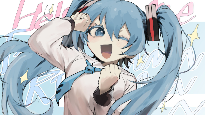 1girl, blue_eyes, blue_hair, blue_necktie, breasts, clenched_hands, floating_hair, hatsune_miku