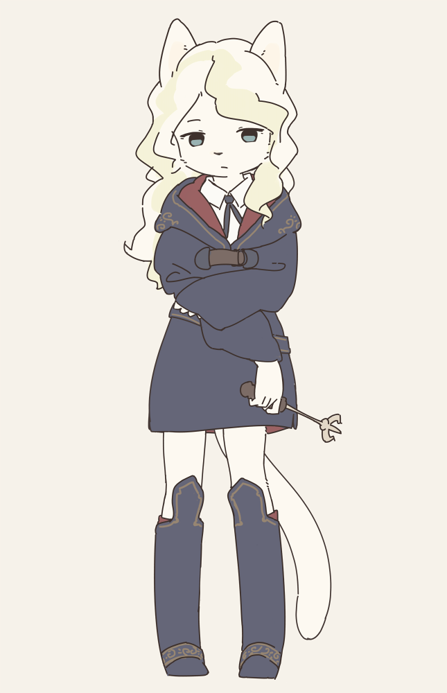 1girl, animal_ears, animification, boots, cat_ears, cat_girl, cat_tail, commentary, cosplay, diana_cavendish, diana_cavendish_(cosplay), expressionless, furry, furry_female, holding, holding_wand, hood, hood_down, knee_boots, little_witch_academia, long_hair, looking_at_viewer, luna_nova_school_uniform, purple_footwear, purple_robe, robe, school_uniform, simple_background, solo, tail, wand, white_background, white_fur, witch, yagi_(s1120411)