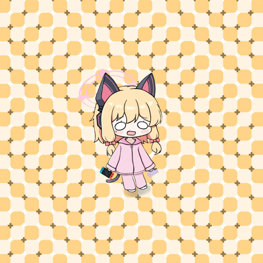 1girl, animal_ear_headphones, animal_ears, blonde_hair, blue_archive, blush, bow, cat_ear_headphones
