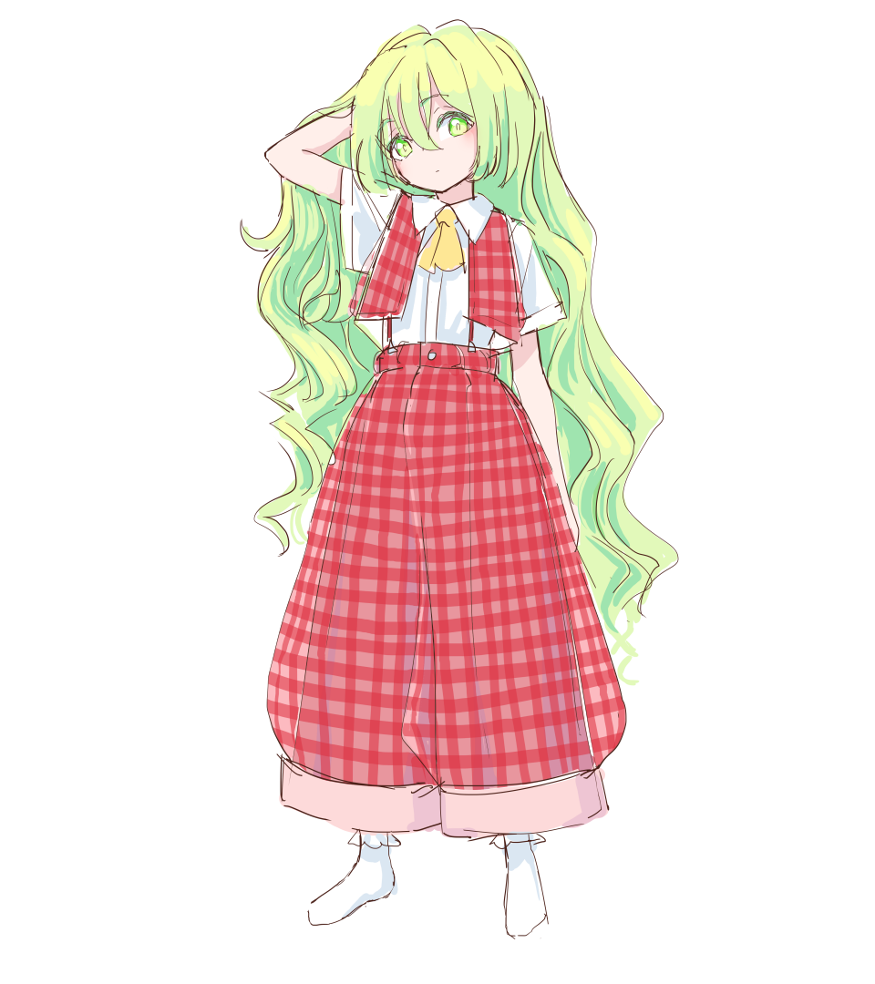 1girl, ascot, baggy_pants, breasts, brown_footwear, full_body, green_eyes, green_hair
