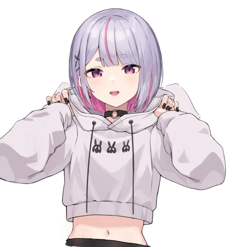 1girl, black_choker, black_nails, cattleya_regina_games, choker, colored_inner_hair, cropped_hoodie, drawstring