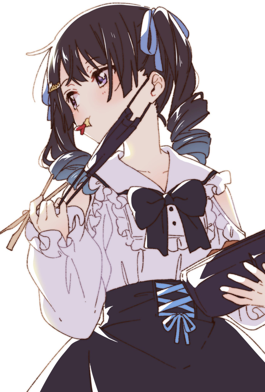 1girl, black_bow, black_bowtie, black_hair, black_mask, black_skirt, blue_hair, blue_ribbon