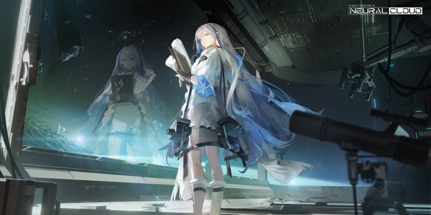 1girl, absurdres, artist_request, blue_eyes, blue_hair, clipboard, copyright_name, dress