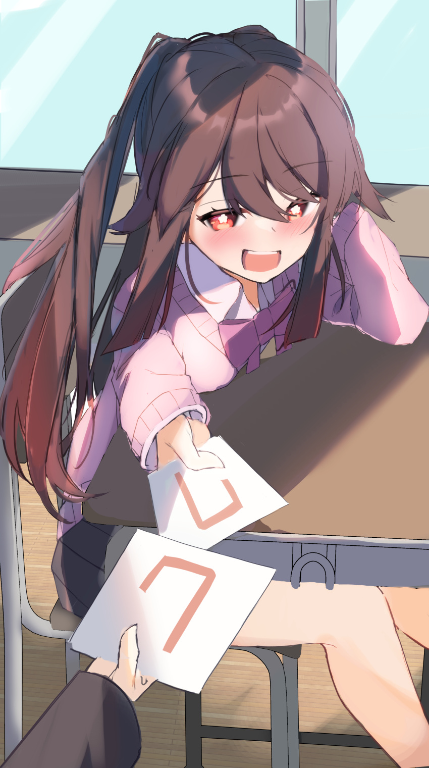 1girl, 1other, :d, absurdres, alternate_costume, black_skirt, blush, bow, bowtie, brown_hair, cardigan, classroom, collared_shirt, commentary_request, contemporary, day, eyes_visible_through_hair, feet_out_of_frame, flower-shaped_pupils, genshin_impact, hand_up, happy, highres, holding, holding_paper, hu_tao_(genshin_impact), indoors, koiirohanab, long_hair, long_sleeves, looking_at_viewer, on_chair, open_mouth, outstretched_arm, paper, pink_bow, pink_bowtie, pink_cardigan, pleated_skirt, pov, pov_hands, red_eyes, school_uniform, shirt, sitting, sketch, skirt, smile, swept_bangs, symbol-shaped_pupils, twintails, white_shirt, window